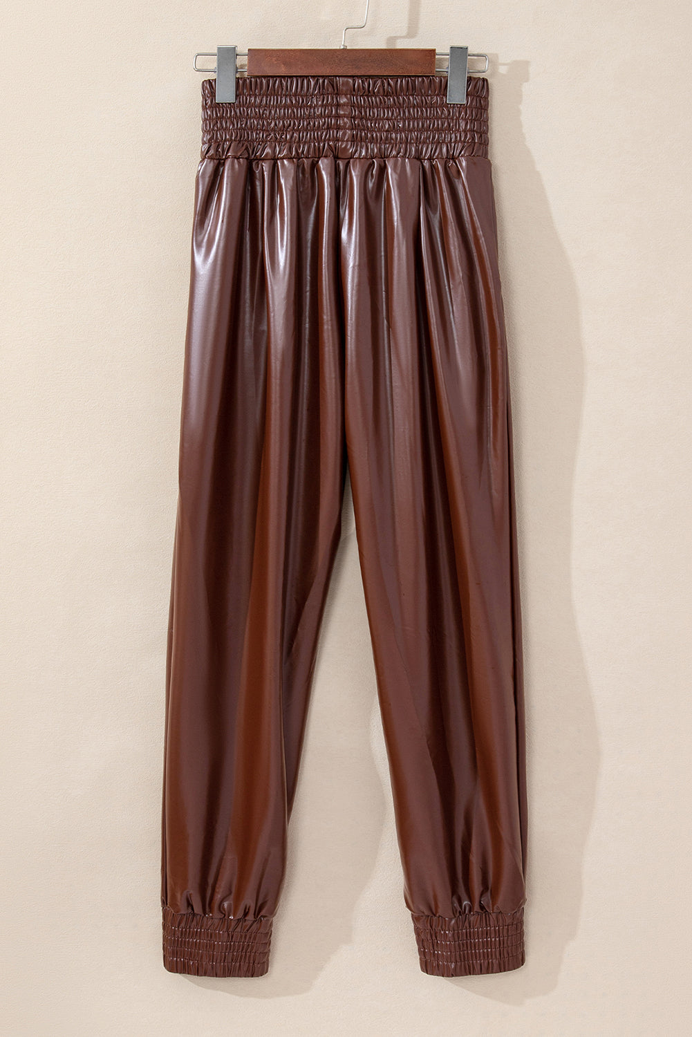 Black Smocked High-Waist Leather Skinny Pants