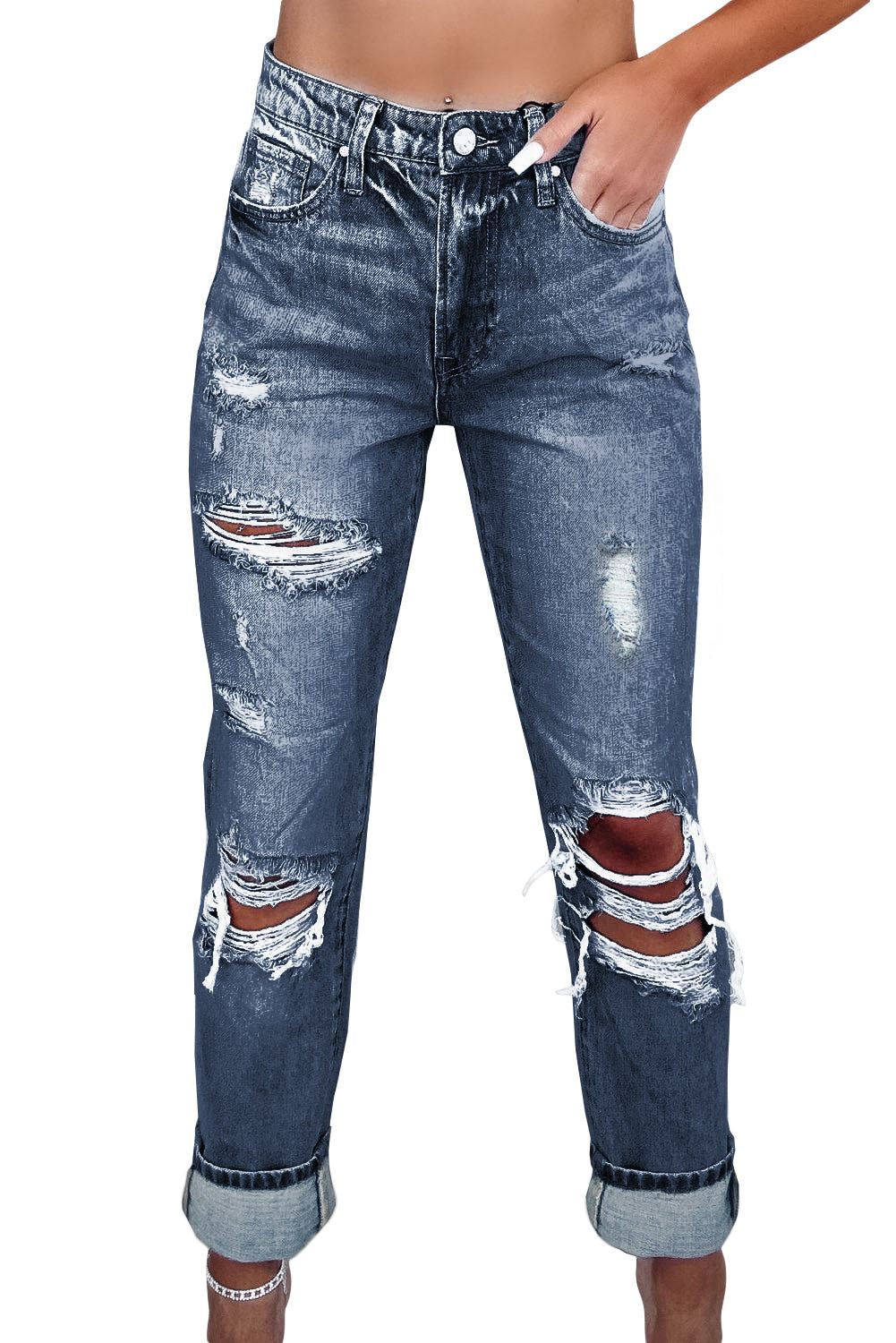 Navy Blue Light Wash Frayed Slim Fit High Waist Jeans


		We highly recommend these trendy light-wash jeans
	
	
		The high waistline paired with a slim fit makes your legs look longer
	
	
		The ripped design isBottomsDalilly Designs BoutiqueNavy Blue Light Wash Frayed Slim Fit High Waist Jeans