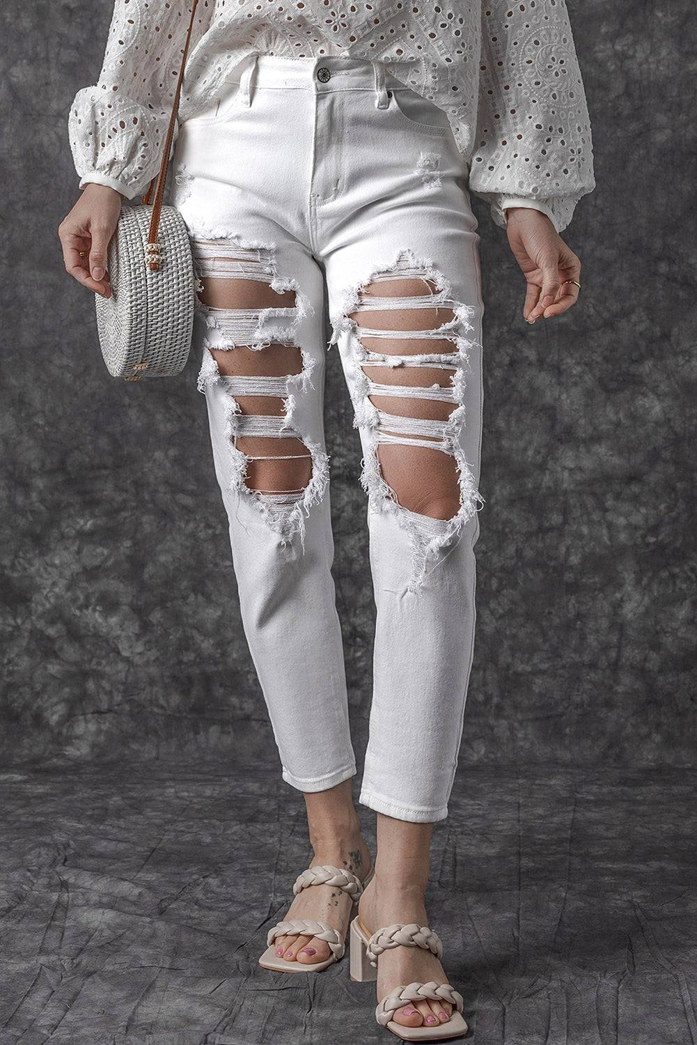 White Distressed Ripped Holes High Waist Skinny Jeans


		The boyfriend jeans are so cool and unique for women
	
	
		Distressed detailing for a trendy and edgy look
	
	
		Slim fit to accentuate your curves and BottomsDalilly Designs BoutiqueWhite Distressed Ripped Holes High Waist Skinny Jeans