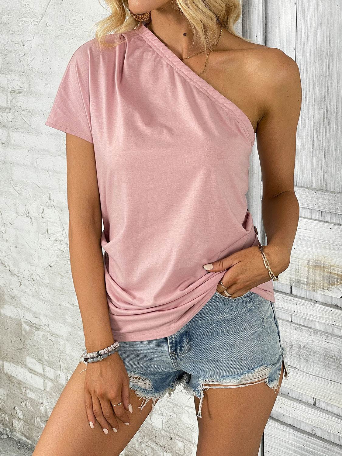 One Shoulder Short Sleeve T-Shirt
Features: Basic style
Sheer: Opaque
Stretch: Slightly stretchy
Material composition: 95% polyester, 5% elastane
Care instructions: Machine wash cold. Tumble dry lowTopsDalilly Designs BoutiqueShoulder Short Sleeve