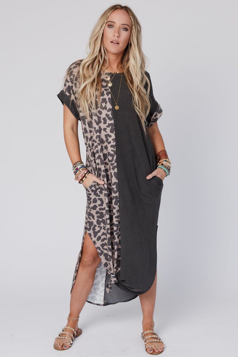 Gray Contrast Solid Leopard Short Sleeve T-shirt Dress with Slits

		This long dress is very friendly to all body shapes
	The leopard print and solid color splicing are stylish
	The roll-up sleeves are loved by people
	With side DressesDalilly Designs BoutiqueGray Contrast Solid Leopard Short Sleeve