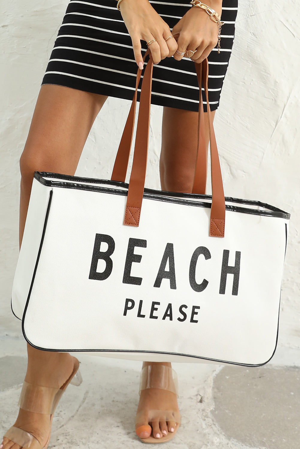 White BEACH PLEASE Print Large Canvas Tote Bag
 Size Chart (CM)



Sizes 



Length
 



Height
 



Width
 






 




 




 





ONE SIZE
 



56~57
 



29~30
 



14~15
 






		BEACH PLEASE print addsShoes & Bags/HandbagsDalilly Designs BoutiquePrint Large Canvas Tote Bag