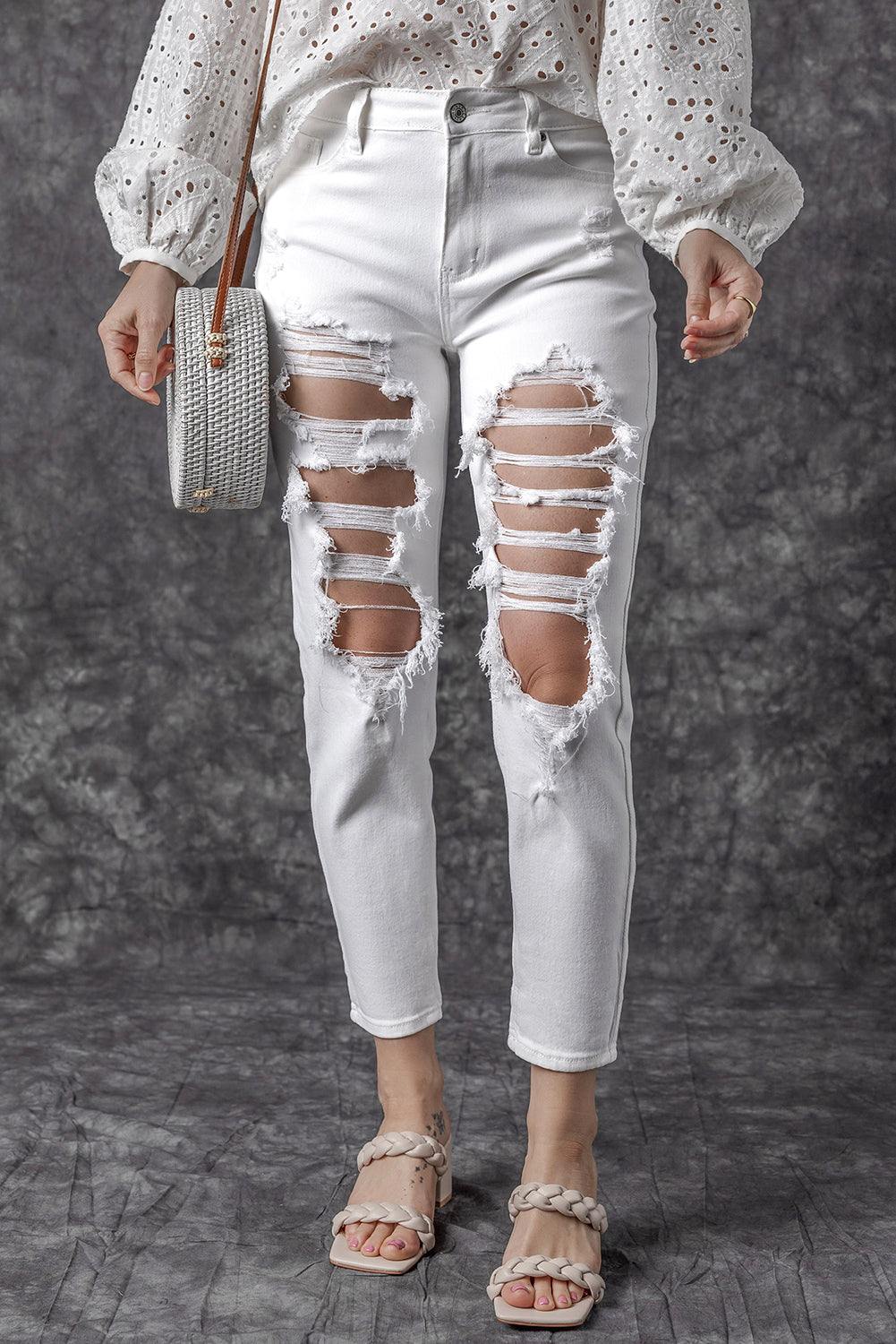 White Distressed Ripped Holes High Waist Skinny Jeans


		The boyfriend jeans are so cool and unique for women
	
	
		Distressed detailing for a trendy and edgy look
	
	
		Slim fit to accentuate your curves and BottomsDalilly Designs BoutiqueWhite Distressed Ripped Holes High Waist Skinny Jeans