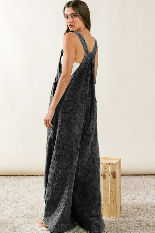 Black Textured Wide Leg Overalls

	Make a statement in these fashion-forward overalls
	Featuring a textured fabric and wide leg silhouette, you'll be comfy all day
	The side and chest pockets desiBottomsDalilly Designs BoutiqueBlack Textured Wide Leg Overalls