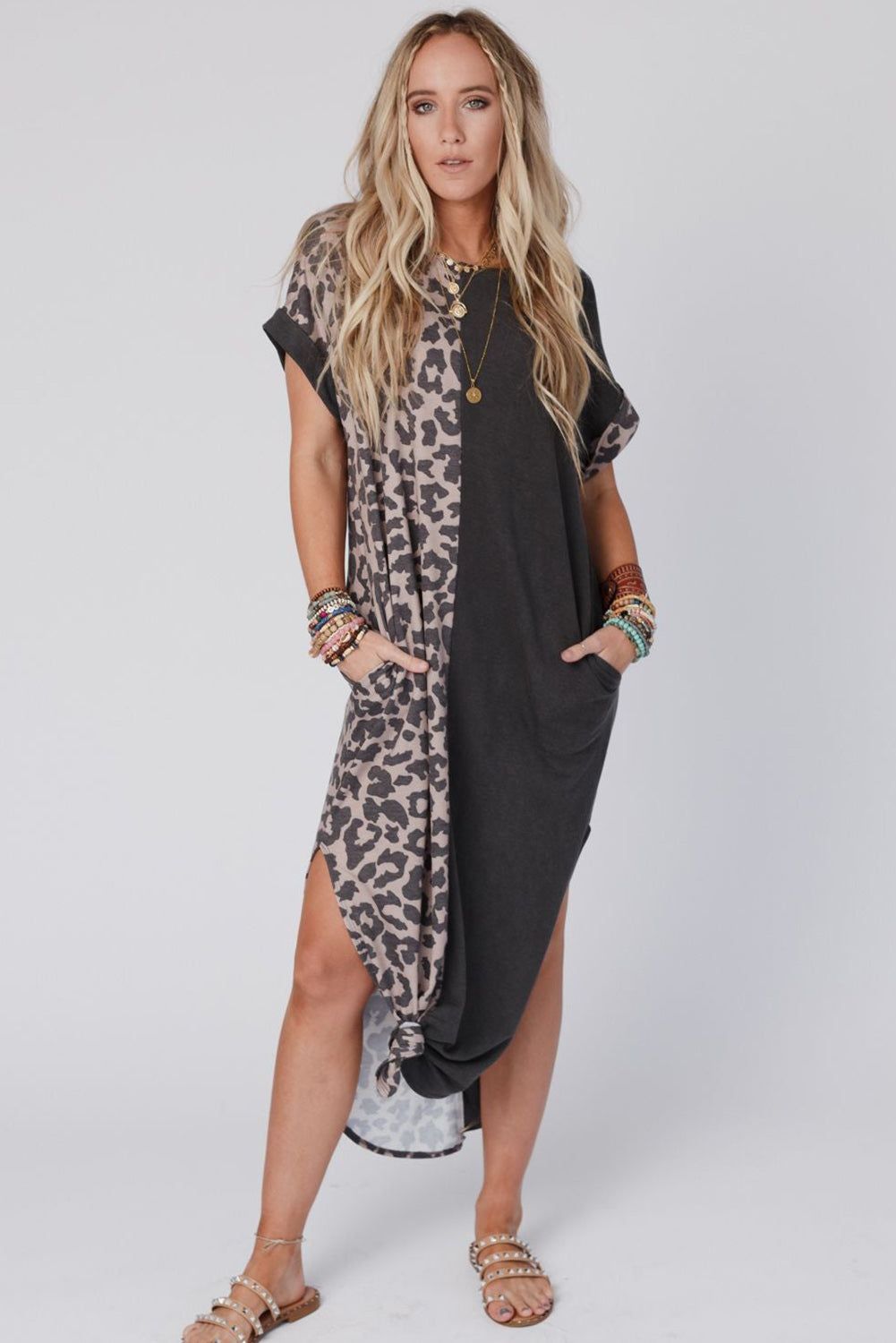 Gray Contrast Solid Leopard Short Sleeve T-shirt Dress with Slits

		This long dress is very friendly to all body shapes
	The leopard print and solid color splicing are stylish
	The roll-up sleeves are loved by people
	With side DressesDalilly Designs BoutiqueGray Contrast Solid Leopard Short Sleeve