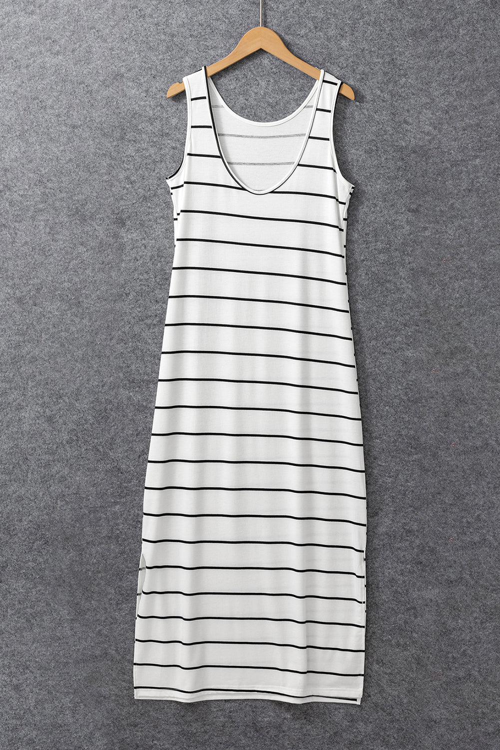 Gray Stripe Print Open Back Sleeveless Maxi Dress with Slits