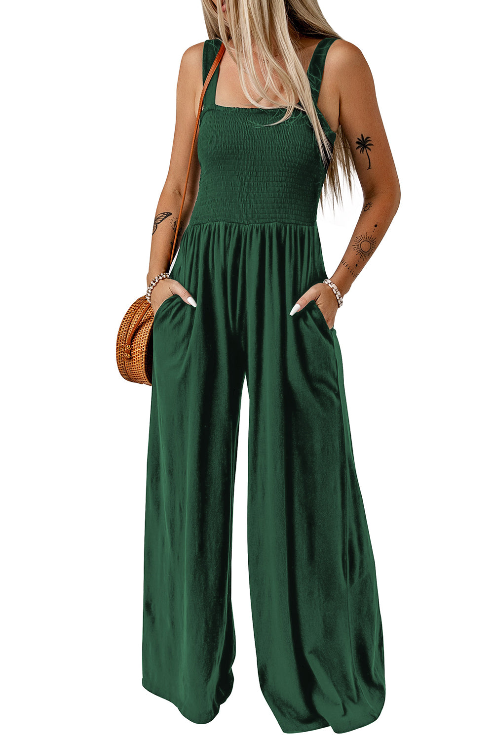 Black Smocked Sleeveless Wide Leg Jumpsuit with Pockets


		This shirred jumpsuit fits most body shapes with elasticity
	
	
		Featured with a square neckline, sleeveless, ruched waist, wide leg, and side pocket
	
BottomsDalilly Designs BoutiqueBlack Smocked Sleeveless Wide Leg Jumpsuit