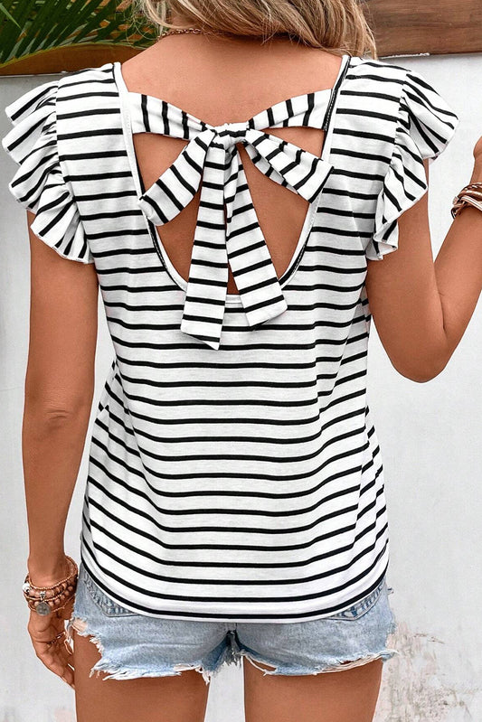 Tied Striped V-Neck Cap Sleeve T-Shirt
Features: Tied
Sheer: Opaque
Stretch: No stretch
Material composition: 95% cotton, 5% elastane
Care instructions: Machine wash cold. Tumble dry low.
Imported


SizeTopsDalilly Designs Boutique-Neck Cap Sleeve