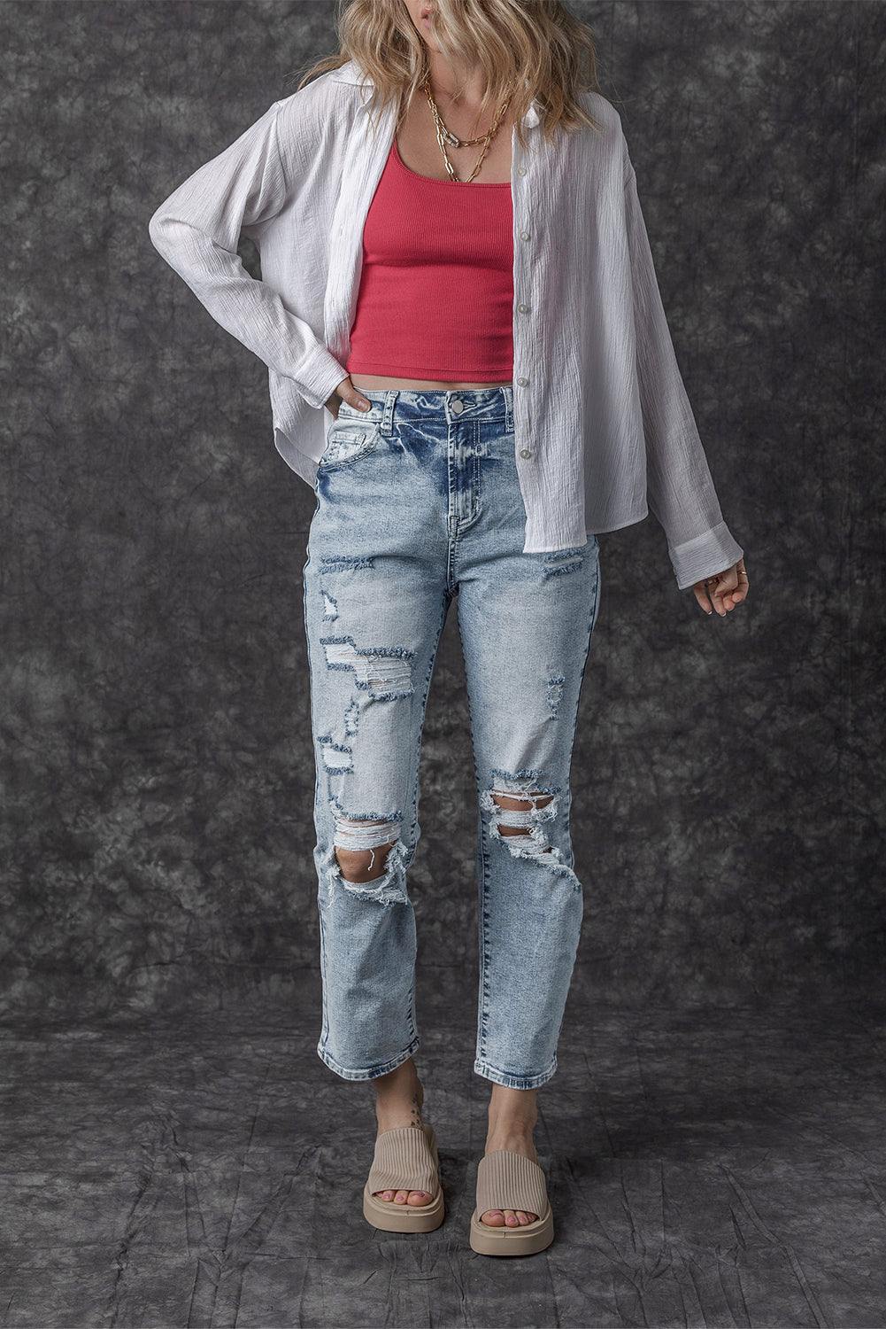 Navy Blue Light Wash Frayed Slim Fit High Waist Jeans


		We highly recommend these trendy light-wash jeans
	
	
		The high waistline paired with a slim fit makes your legs look longer
	
	
		The ripped design isBottomsDalilly Designs BoutiqueNavy Blue Light Wash Frayed Slim Fit High Waist Jeans