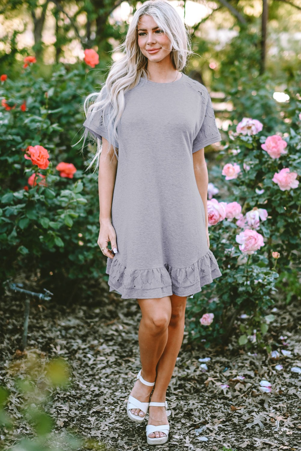 Light Grey Lace Floral Patchwork Ruffled T-shirt Dress

 (1) Size Chart (CM)



Sizes 



Bust
 



Hem_Width
 



Sleeve_Length
 



Length
 





Relax
 



Relax
 



Relax
 



Back
 





S
 



96
 



202
 



3DressesDalilly Designs BoutiqueLight Grey Lace Floral Patchwork Ruffled