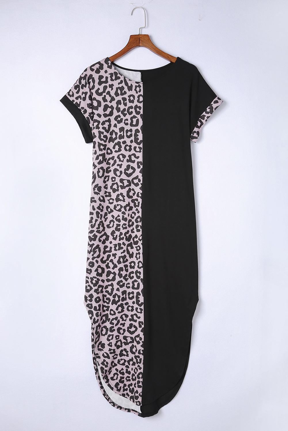 Gray Contrast Solid Leopard Short Sleeve T-shirt Dress with Slits

		This long dress is very friendly to all body shapes
	The leopard print and solid color splicing are stylish
	The roll-up sleeves are loved by people
	With side DressesDalilly Designs BoutiqueGray Contrast Solid Leopard Short Sleeve