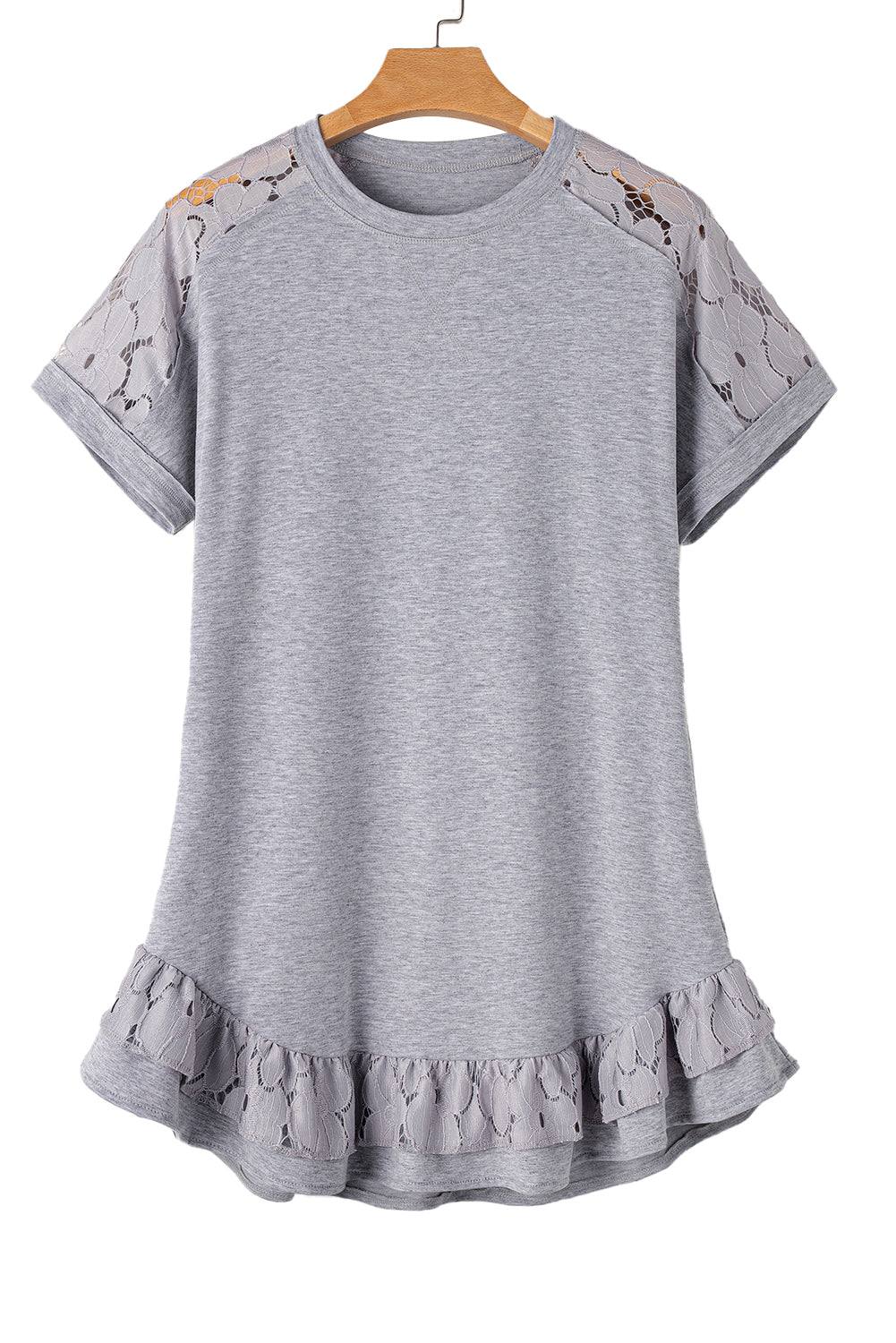 Light Grey Lace Floral Patchwork Ruffled T-shirt Dress

 (1) Size Chart (CM)



Sizes 



Bust
 



Hem_Width
 



Sleeve_Length
 



Length
 





Relax
 



Relax
 



Relax
 



Back
 





S
 



96
 



202
 



3DressesDalilly Designs BoutiqueLight Grey Lace Floral Patchwork Ruffled