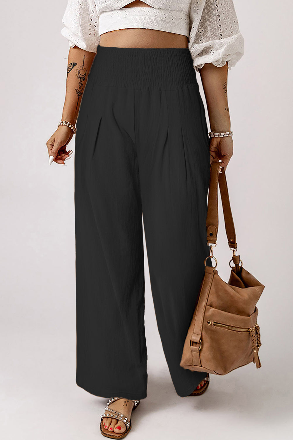 Black Smocked Wide Waistband High Waist Wide Leg Pants


		Flattering smocked waistband cinches at the waist for a lovely silhouette
	
	
		High waist design elongates legs for a stylish and elegant look
	
	
		WiBottomsDalilly Designs BoutiqueBlack Smocked Wide Waistband High Waist Wide Leg Pants