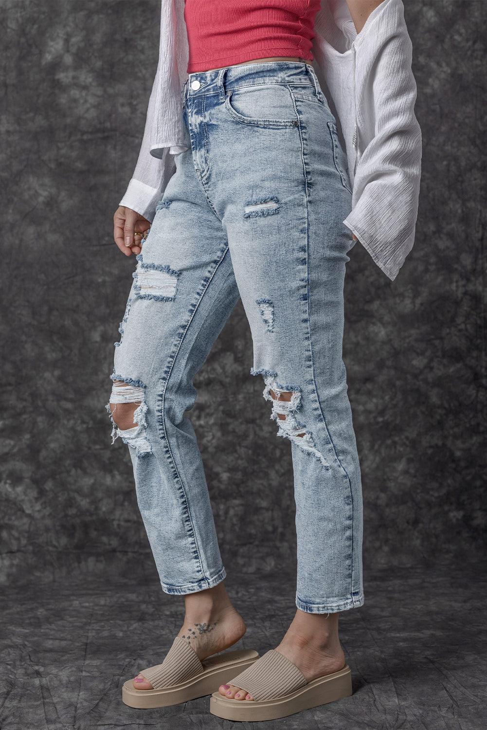 Navy Blue Light Wash Frayed Slim Fit High Waist Jeans


		We highly recommend these trendy light-wash jeans
	
	
		The high waistline paired with a slim fit makes your legs look longer
	
	
		The ripped design isBottomsDalilly Designs BoutiqueNavy Blue Light Wash Frayed Slim Fit High Waist Jeans