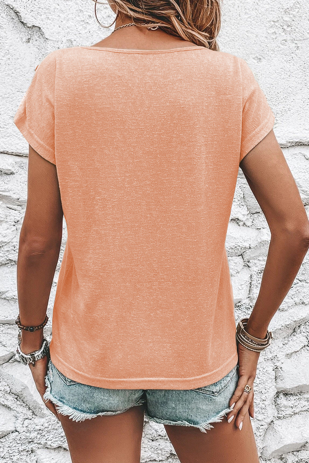 Apricot Pink Button Detail Batwing Sleeve Casual Tee
 Size Chart (INCH)



Sizes 



Bust
 



Hem_Width
 



Shoulder
 



Length
 





Relax
 



Relax
 



Relax
 



Back
 





S
 



37.0
 



37.8
 



23.2
 Tops/Tops & TeesDalilly Designs BoutiqueApricot Pink Button Detail Batwing Sleeve Casual Tee