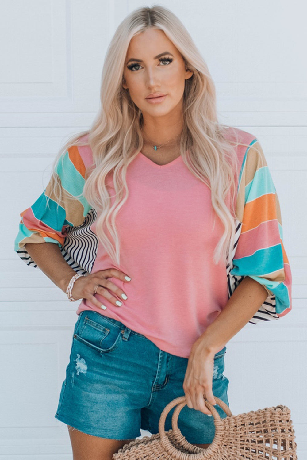 Pink Stripe Color Block Bubble Sleeve Top