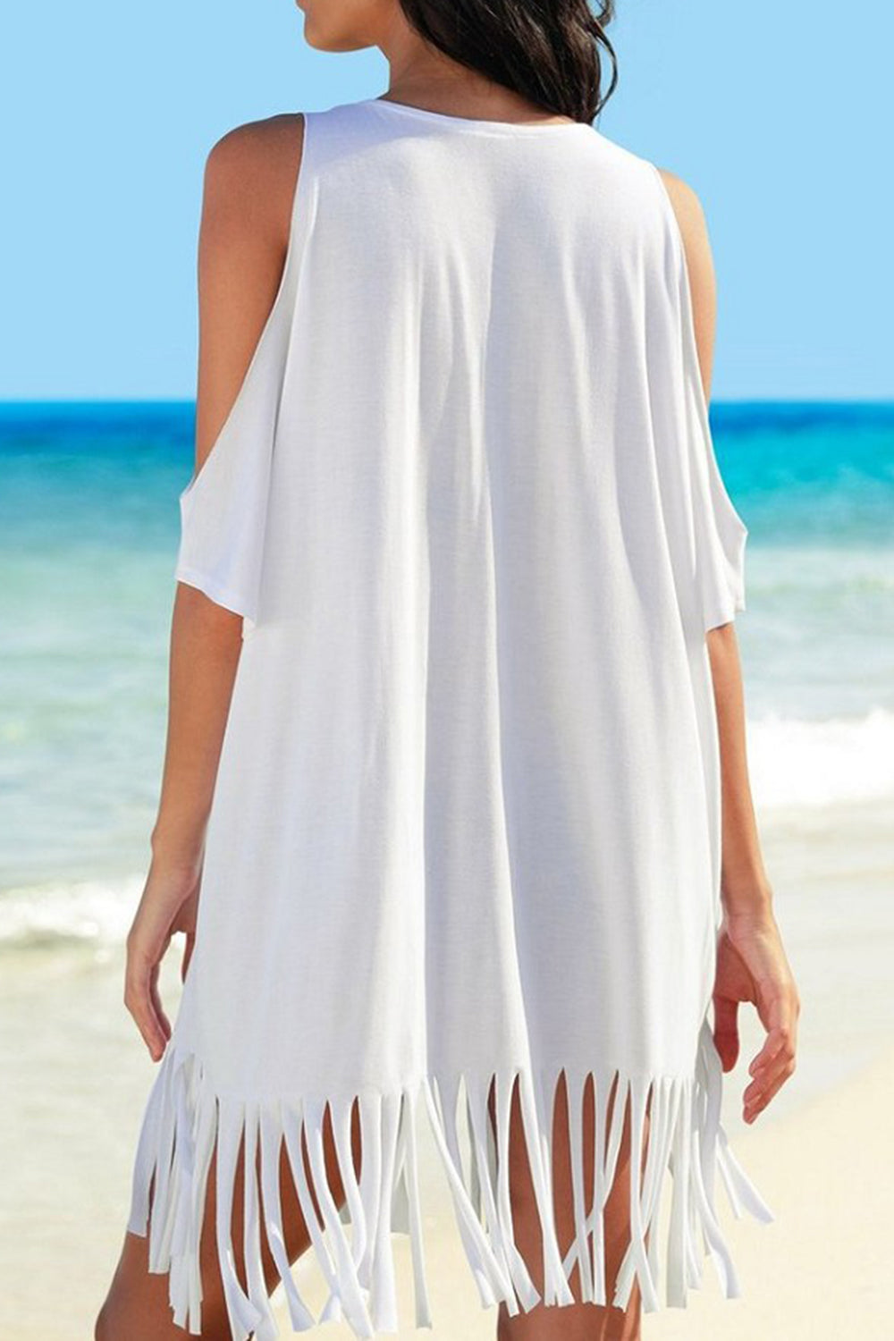 Fringe V-Neck Cold Shoulder Cover Up
Features: Fringe
Sheer: Opaque
Stretch: Slightly stretchy
Material composition: 65% cotton, 35% polyester
Care instructions: Machine wash cold. Tumble dry low.
Impo0Dalilly Designs Boutique-Neck Cold Shoulder Cover