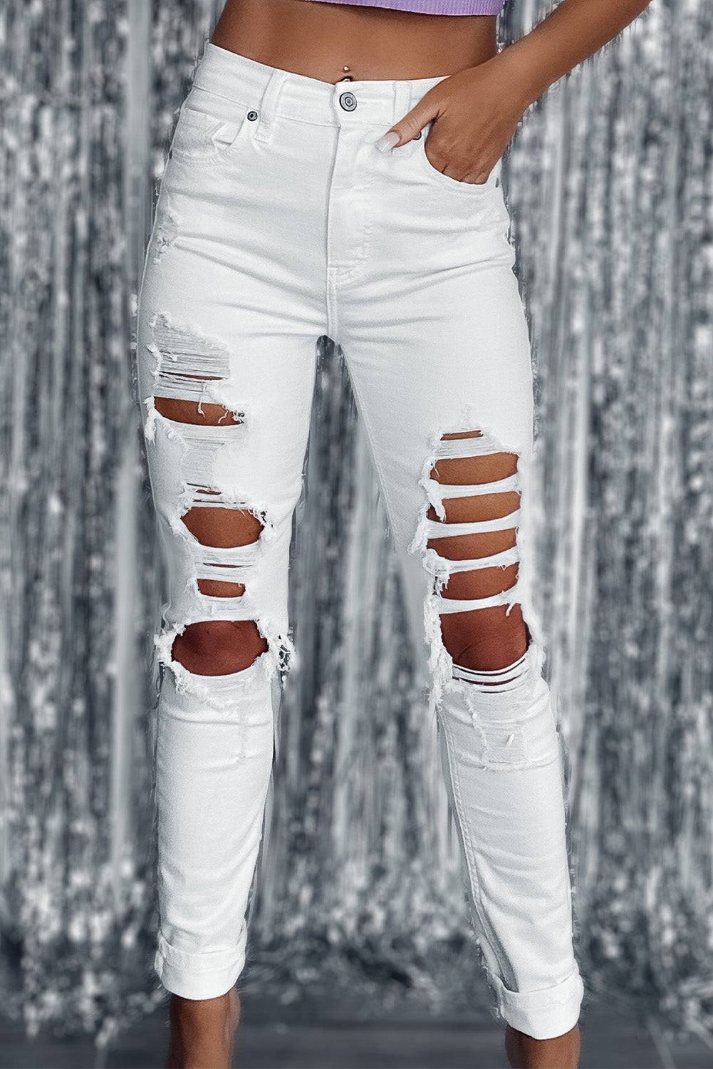 White Distressed Ripped Holes High Waist Skinny Jeans


		The boyfriend jeans are so cool and unique for women
	
	
		Distressed detailing for a trendy and edgy look
	
	
		Slim fit to accentuate your curves and BottomsDalilly Designs BoutiqueWhite Distressed Ripped Holes High Waist Skinny Jeans