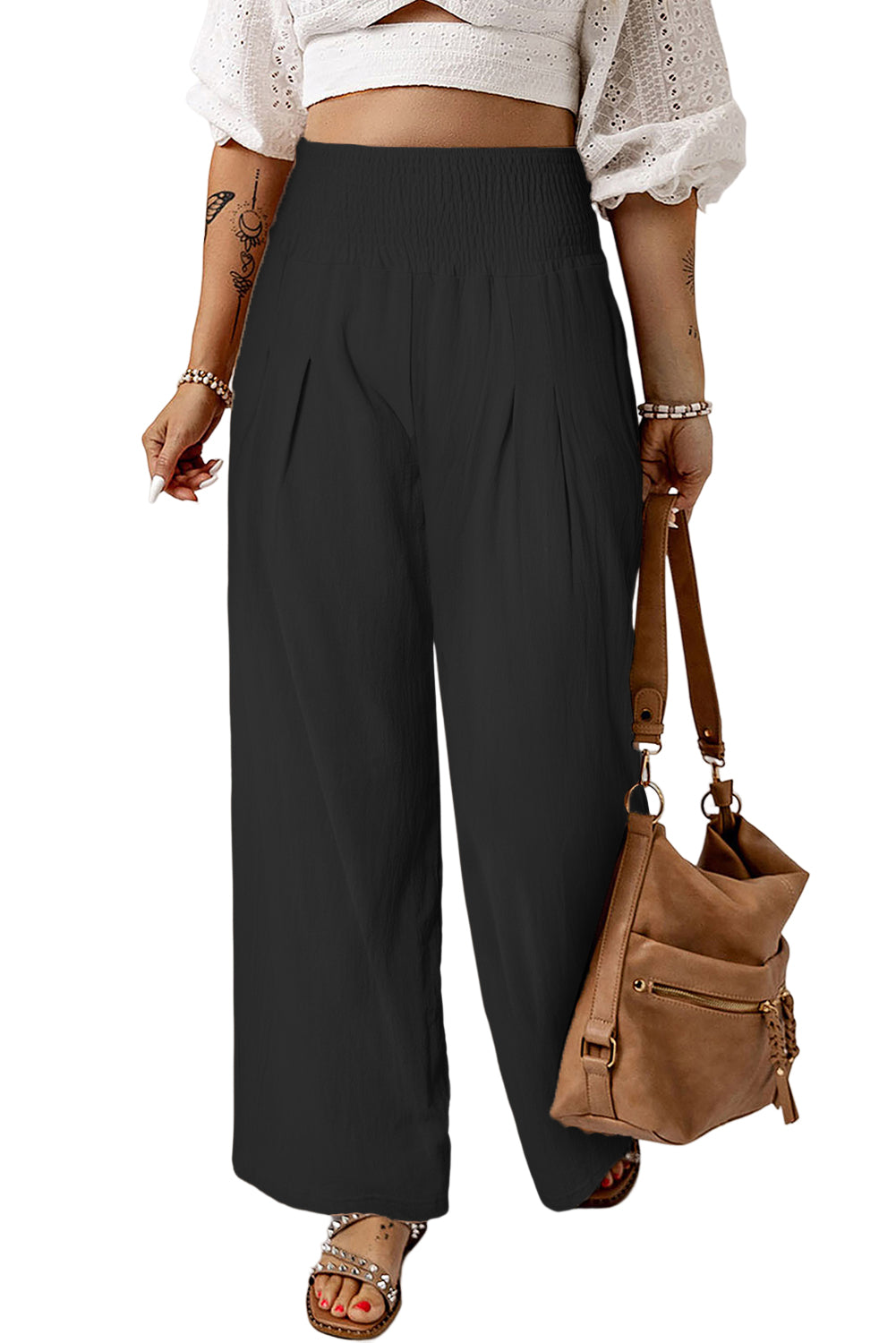 Black Smocked Wide Waistband High Waist Wide Leg Pants


		Flattering smocked waistband cinches at the waist for a lovely silhouette
	
	
		High waist design elongates legs for a stylish and elegant look
	
	
		WiBottomsDalilly Designs BoutiqueBlack Smocked Wide Waistband High Waist Wide Leg Pants