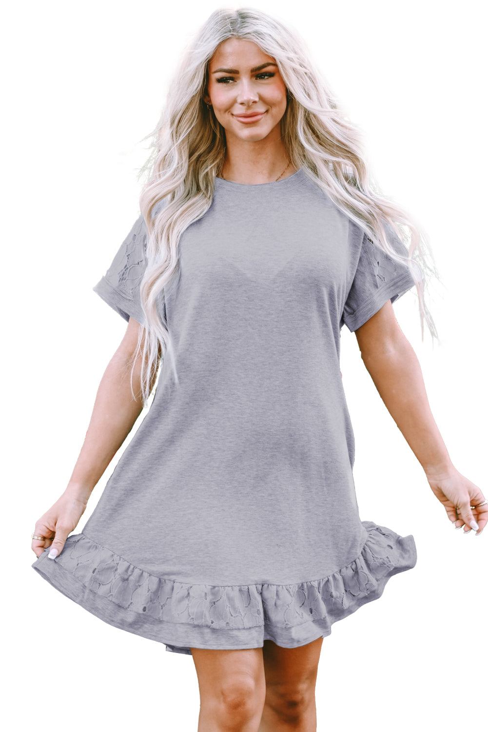 Light Grey Lace Floral Patchwork Ruffled T-shirt Dress

 (1) Size Chart (CM)



Sizes 



Bust
 



Hem_Width
 



Sleeve_Length
 



Length
 





Relax
 



Relax
 



Relax
 



Back
 





S
 



96
 



202
 



3DressesDalilly Designs BoutiqueLight Grey Lace Floral Patchwork Ruffled