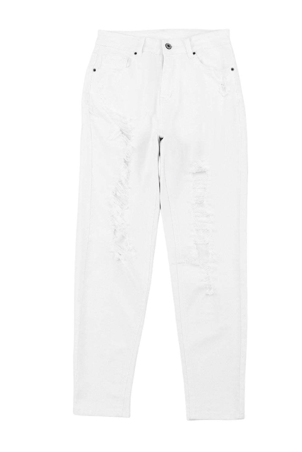 White Distressed Ripped Holes High Waist Skinny Jeans


		The boyfriend jeans are so cool and unique for women
	
	
		Distressed detailing for a trendy and edgy look
	
	
		Slim fit to accentuate your curves and BottomsDalilly Designs BoutiqueWhite Distressed Ripped Holes High Waist Skinny Jeans