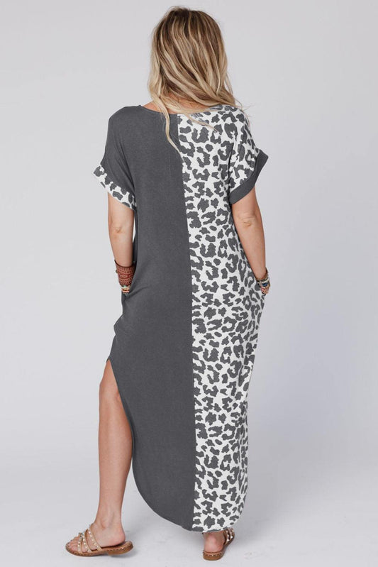 Gray Contrast Solid Leopard Short Sleeve T-shirt Dress with Slits

		This long dress is very friendly to all body shapes
	The leopard print and solid color splicing are stylish
	The roll-up sleeves are loved by people
	With side DressesDalilly Designs BoutiqueGray Contrast Solid Leopard Short Sleeve