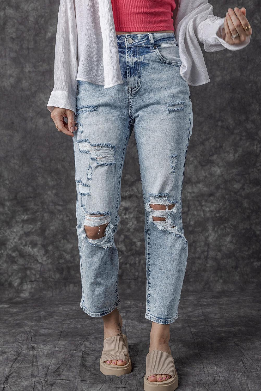 Navy Blue Light Wash Frayed Slim Fit High Waist Jeans


		We highly recommend these trendy light-wash jeans
	
	
		The high waistline paired with a slim fit makes your legs look longer
	
	
		The ripped design isBottomsDalilly Designs BoutiqueNavy Blue Light Wash Frayed Slim Fit High Waist Jeans