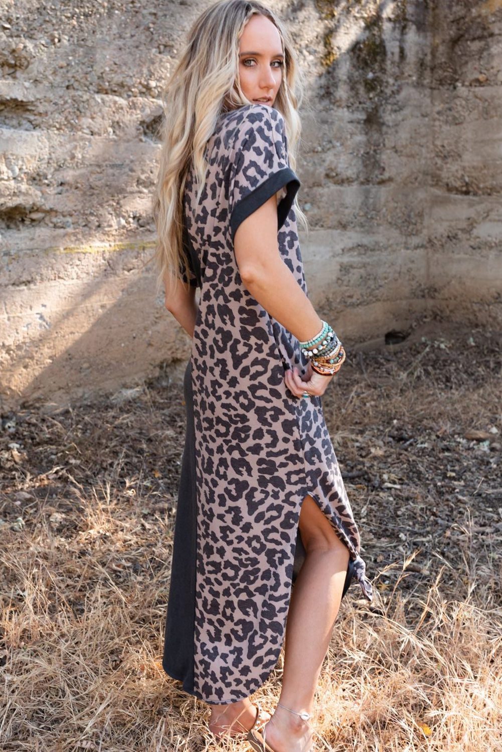 Gray Contrast Solid Leopard Short Sleeve T-shirt Dress with Slits

		This long dress is very friendly to all body shapes
	The leopard print and solid color splicing are stylish
	The roll-up sleeves are loved by people
	With side DressesDalilly Designs BoutiqueGray Contrast Solid Leopard Short Sleeve