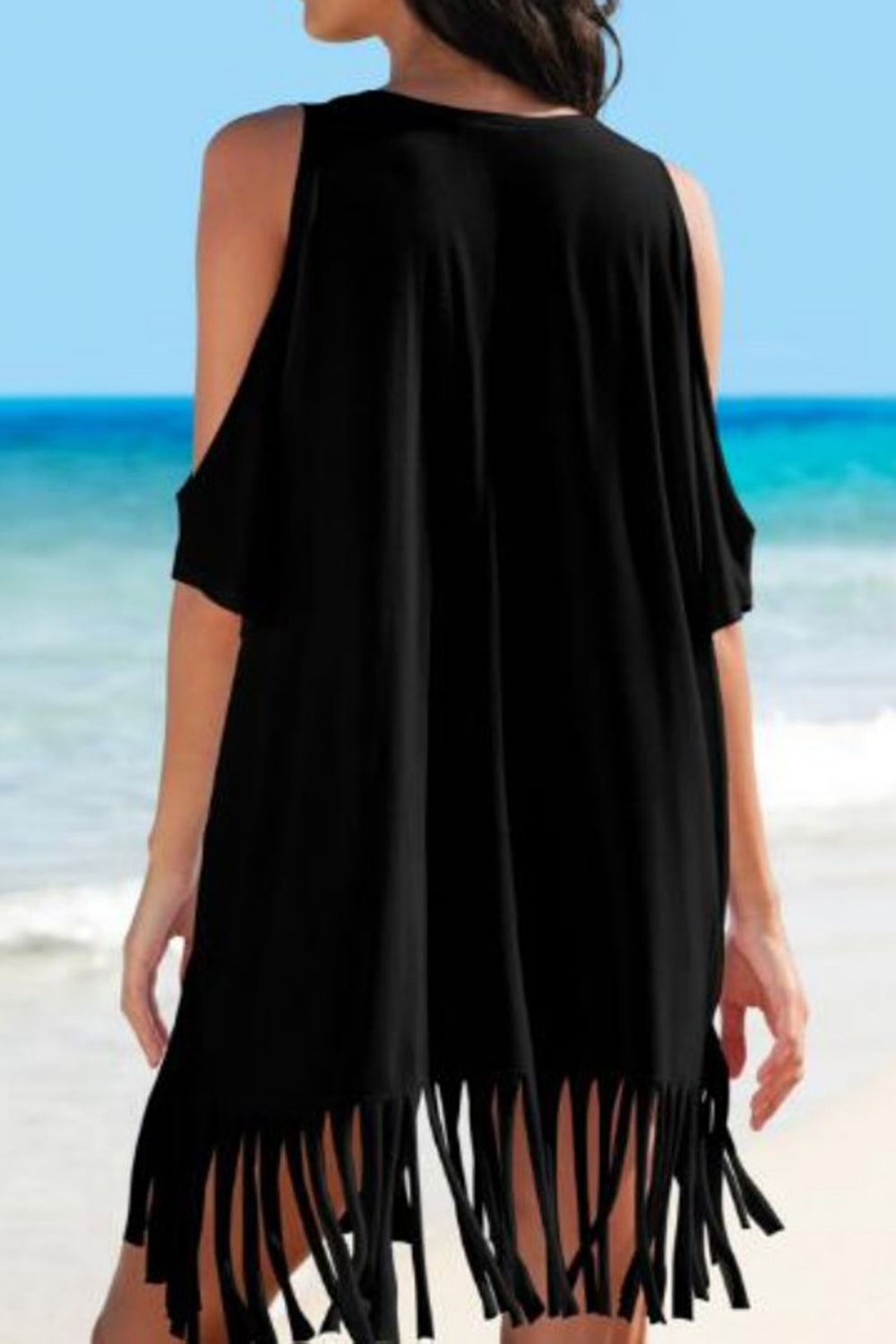 Fringe V-Neck Cold Shoulder Cover Up
Features: Fringe
Sheer: Opaque
Stretch: Slightly stretchy
Material composition: 65% cotton, 35% polyester
Care instructions: Machine wash cold. Tumble dry low.
Impo0Dalilly Designs Boutique-Neck Cold Shoulder Cover