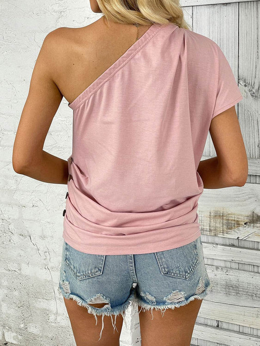 One Shoulder Short Sleeve T-Shirt
Features: Basic style
Sheer: Opaque
Stretch: Slightly stretchy
Material composition: 95% polyester, 5% elastane
Care instructions: Machine wash cold. Tumble dry lowTopsDalilly Designs BoutiqueShoulder Short Sleeve