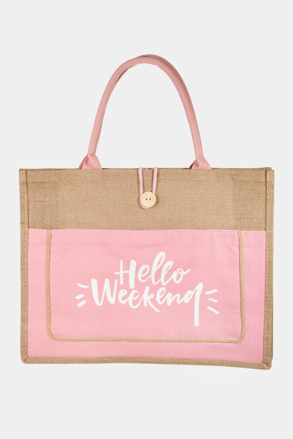 Fame Hello Weekend Burlap Tote BagA stunning must have tote bag that is designed with a hello weekend burlap tote bag design. Perfect as a gift for a loved one!
Bag size: Large
Material: 100% polyestAccessoriesDalilly Designs BoutiqueWeekend Burlap Tote Bag