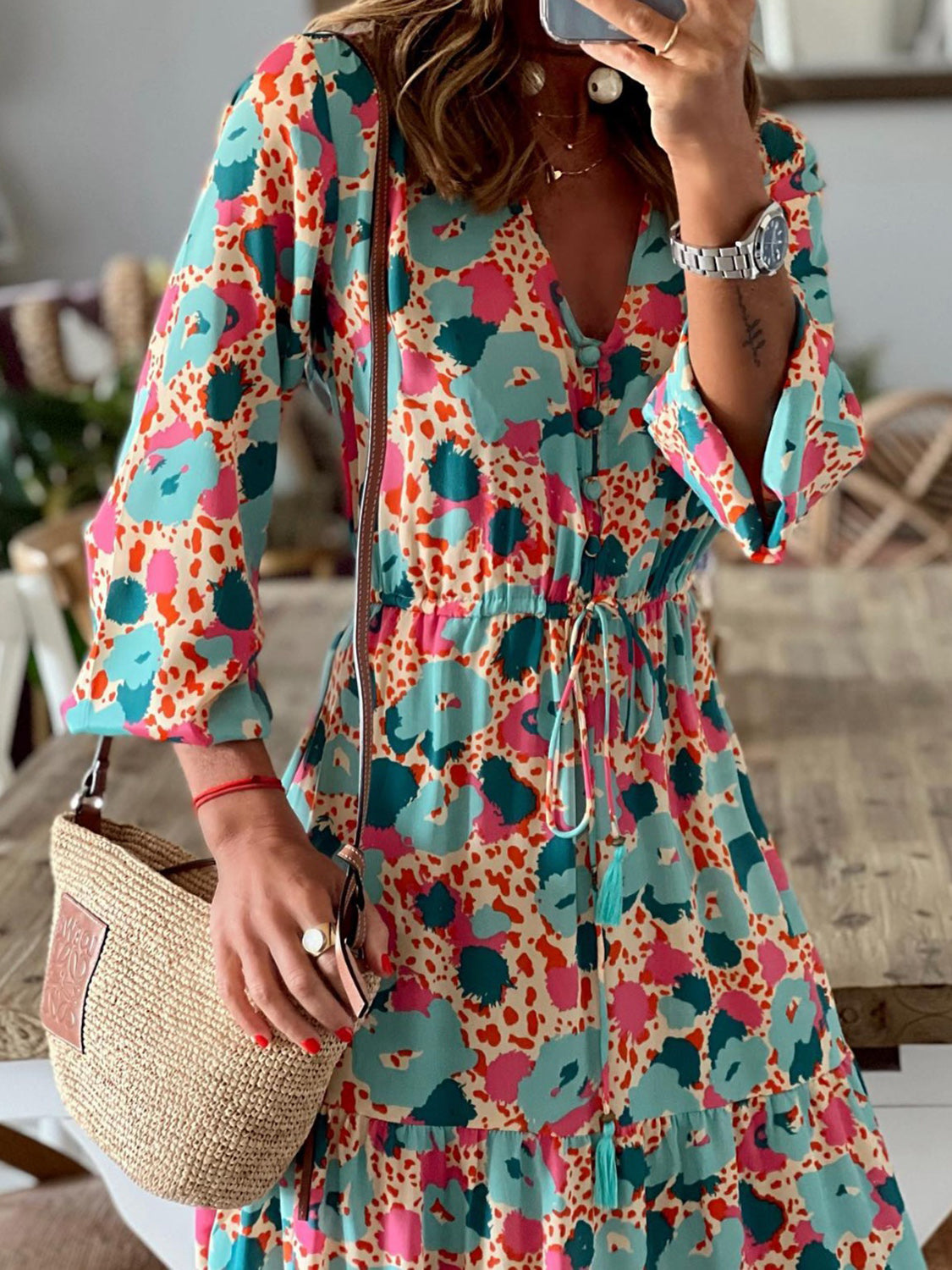 Tassel Printed Three-Quarter Sleeve Dress
Features: Tassel
Sheer: Opaque
Stretch: No stretch
Body: Not lined
Material composition: 100% polyester
Care instructions: Machine wash cold. Tumble dry low.
ImportDressesDalilly Designs Boutique-Quarter Sleeve Dress