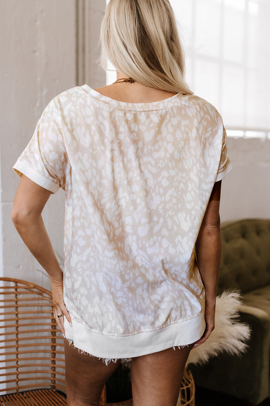 Khaki Leopard Print V Neck Side Slit Loose Fit T Shirt
