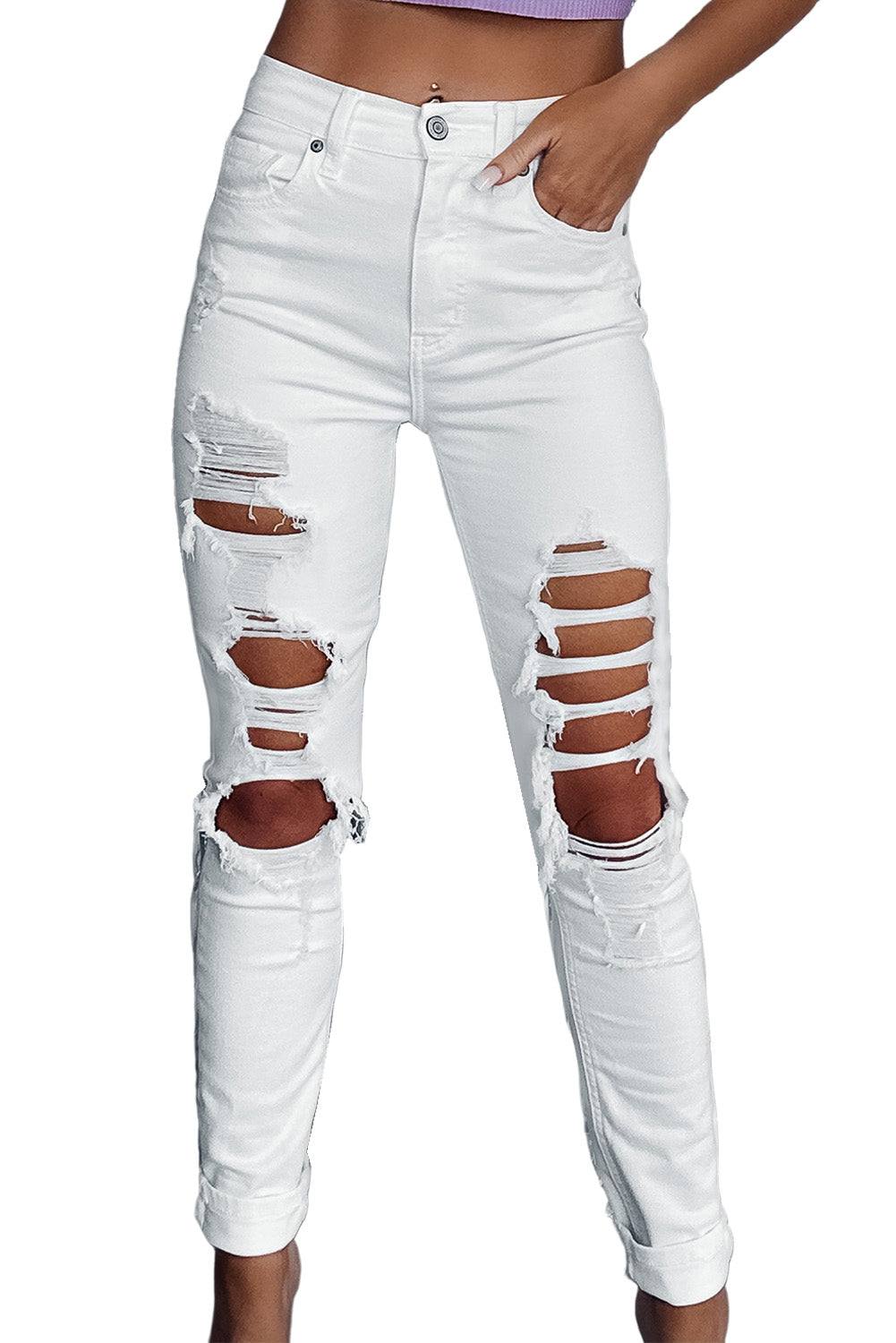 White Distressed Ripped Holes High Waist Skinny Jeans


		The boyfriend jeans are so cool and unique for women
	
	
		Distressed detailing for a trendy and edgy look
	
	
		Slim fit to accentuate your curves and BottomsDalilly Designs BoutiqueWhite Distressed Ripped Holes High Waist Skinny Jeans