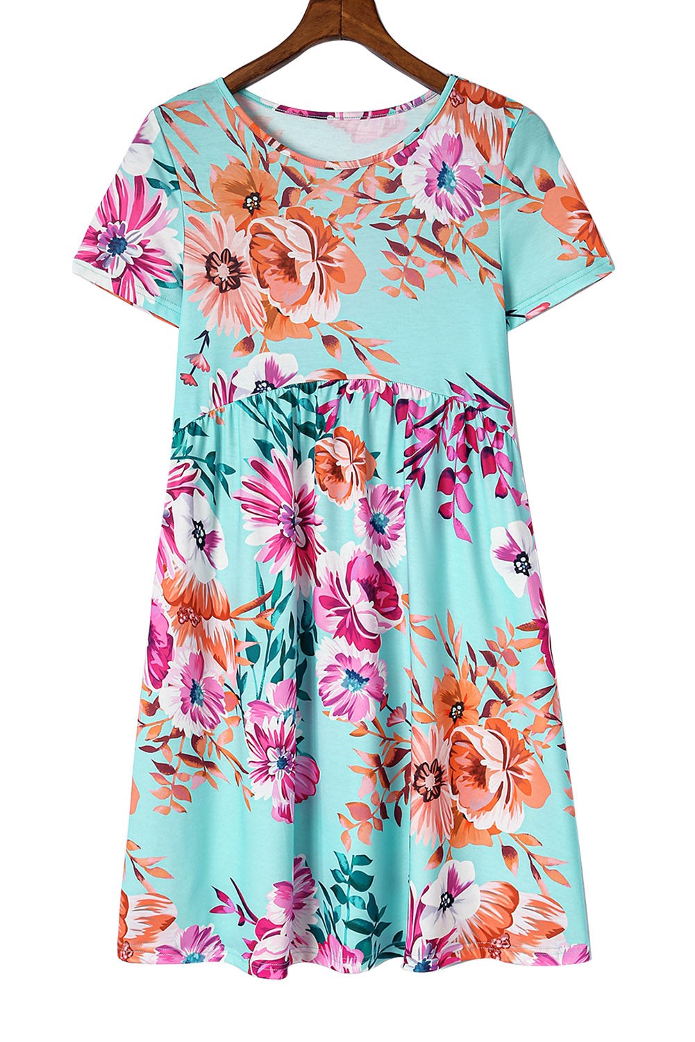 Sky Blue Short Sleeve High Waist Floral T-shirt Dress

		This short dress features a gorgeous floral print on a pretty blue background
	The babydoll body elongates and slims the waist
	Round neck, short sleeves, high DressesDalilly Designs BoutiqueSky Blue Short Sleeve High Waist Floral