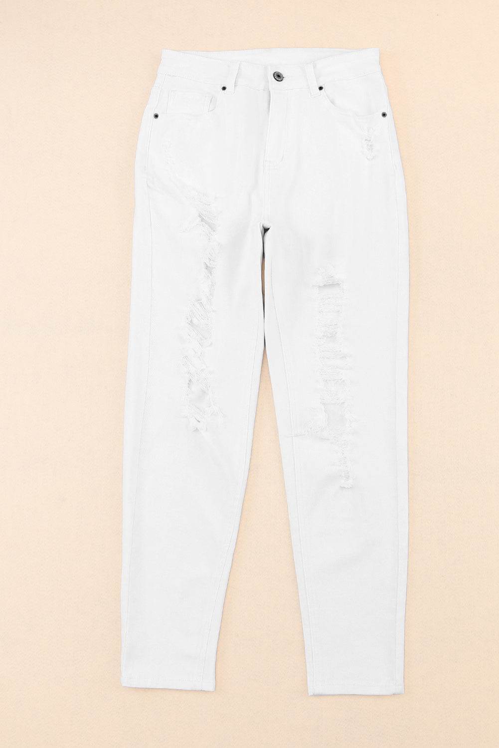 White Distressed Ripped Holes High Waist Skinny Jeans


		The boyfriend jeans are so cool and unique for women
	
	
		Distressed detailing for a trendy and edgy look
	
	
		Slim fit to accentuate your curves and BottomsDalilly Designs BoutiqueWhite Distressed Ripped Holes High Waist Skinny Jeans