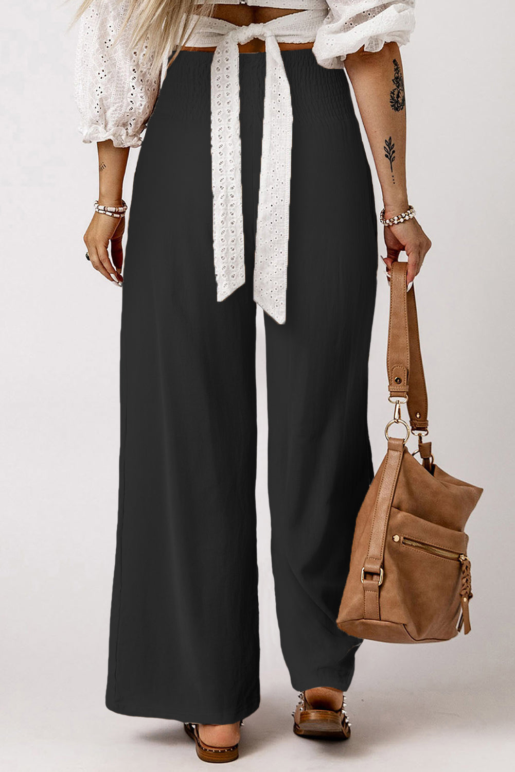 Black Smocked Wide Waistband High Waist Wide Leg Pants


		Flattering smocked waistband cinches at the waist for a lovely silhouette
	
	
		High waist design elongates legs for a stylish and elegant look
	
	
		WiBottomsDalilly Designs BoutiqueBlack Smocked Wide Waistband High Waist Wide Leg Pants