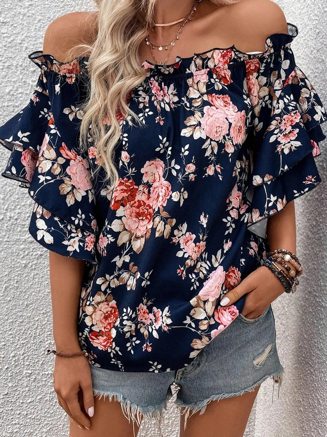 Printed Off-Shoulder Flounce Sleeve Blouse
Features: Frill
Sheer: Opaque
Stretch: No stretch
Material composition: 100% polyester
Care instructions: Machine wash cold. Tumble dry low.
Imported
Product measurTopsDalilly Designs Boutique-Shoulder Flounce Sleeve Blouse