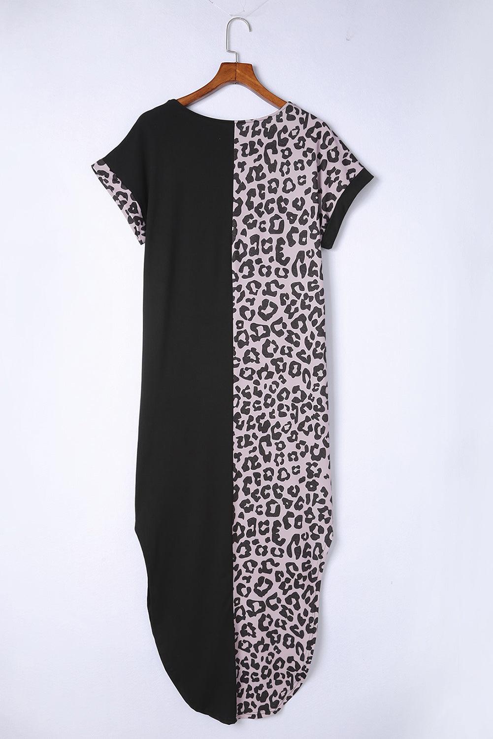 Gray Contrast Solid Leopard Short Sleeve T-shirt Dress with Slits

		This long dress is very friendly to all body shapes
	The leopard print and solid color splicing are stylish
	The roll-up sleeves are loved by people
	With side DressesDalilly Designs BoutiqueGray Contrast Solid Leopard Short Sleeve