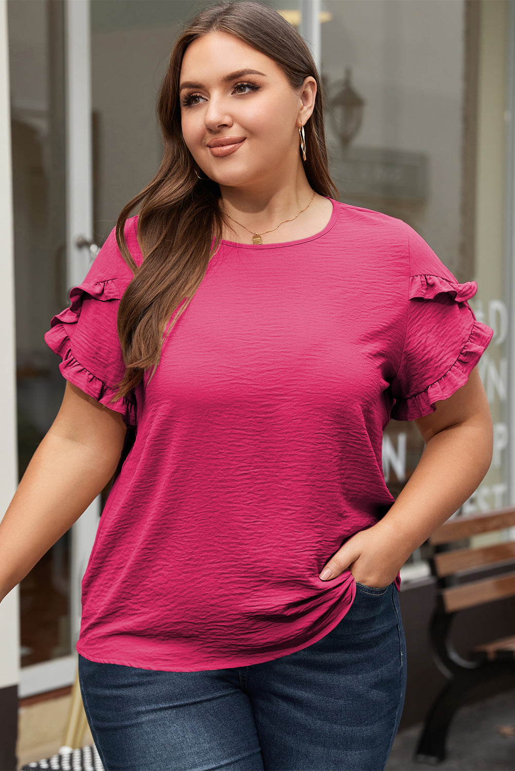 Dark Grey Ruffled Short Sleeve Plus Size Top