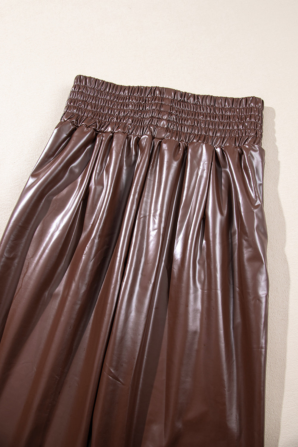 Black Smocked High-Waist Leather Skinny Pants