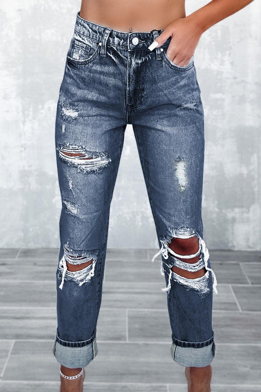 Navy Blue Light Wash Frayed Slim Fit High Waist Jeans


		We highly recommend these trendy light-wash jeans
	
	
		The high waistline paired with a slim fit makes your legs look longer
	
	
		The ripped design isBottomsDalilly Designs BoutiqueNavy Blue Light Wash Frayed Slim Fit High Waist Jeans