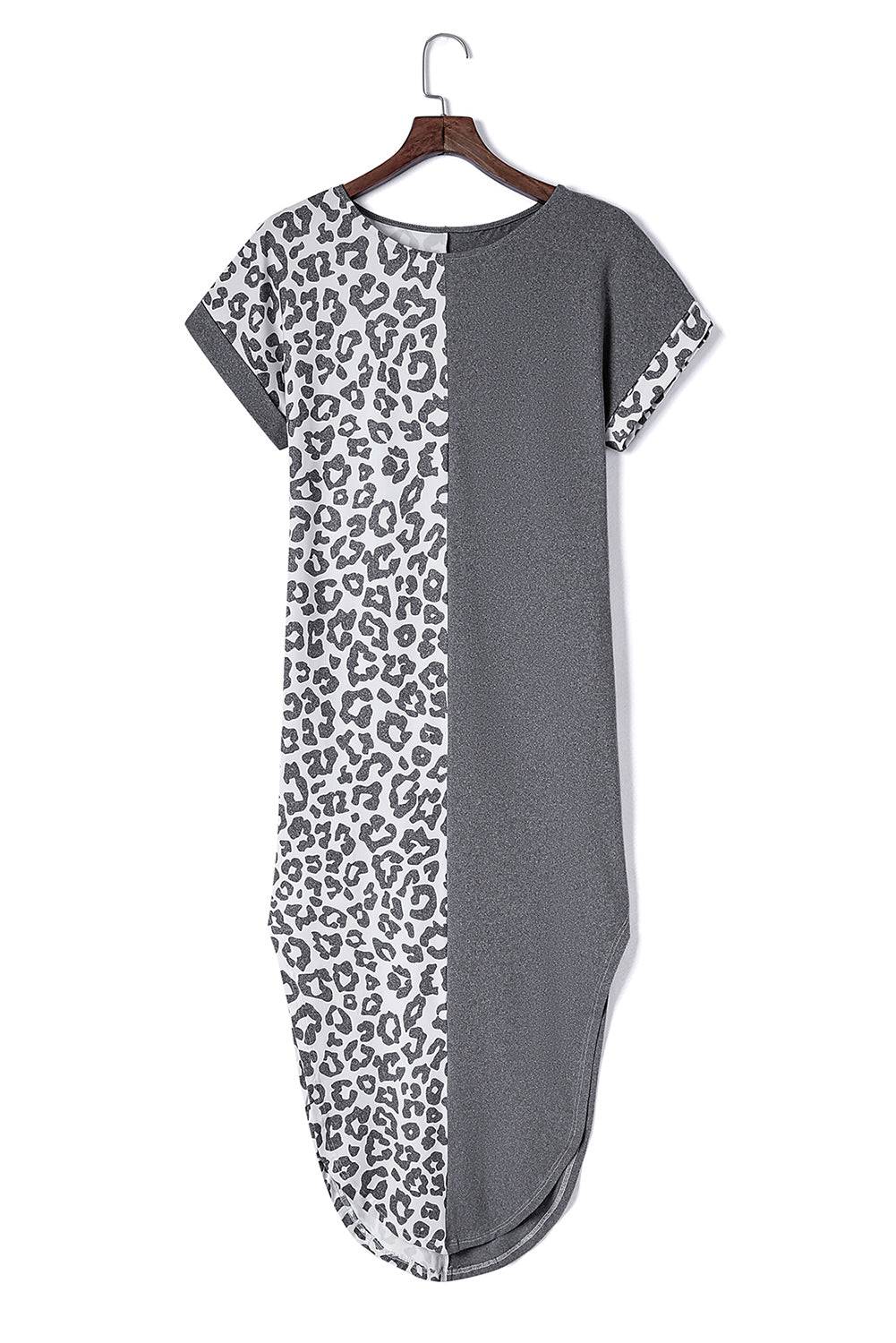 Gray Contrast Solid Leopard Short Sleeve T-shirt Dress with Slits

		This long dress is very friendly to all body shapes
	The leopard print and solid color splicing are stylish
	The roll-up sleeves are loved by people
	With side DressesDalilly Designs BoutiqueGray Contrast Solid Leopard Short Sleeve