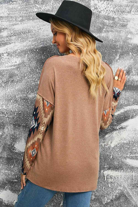 Brown Western Print Buttoned V Neck Top
Features: Basic style
Sheer: Opaque
Stretch: Slightly stretchy
Material composition: 95% polyester, 5% spandex
Care instructions: Machine wash cold. Tumble dry low.TopsDalilly Designs BoutiqueBrown Western Print Buttoned