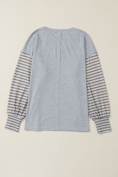 Striped Round Neck Lantern Sleeve Sweatshirt
Features: Basic style
Sheer: Opaque
Stretch: Slightly stretchy
Material composition: 95% polyester, 5% elastane
Care instructions: Machine wash cold. Tumble dry lowTopsDalilly Designs BoutiqueStriped Round Neck Lantern Sleeve Sweatshirt