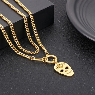 Skull Shape Double-Layered Pendant Necklace
Pieces: 1-piece
Material: Stainless steel, Silver-plated, Gold-plated
Care instructions: Avoid wearing during exercise, as sweat will react with the jewelry to prodAccessoriesDalilly Designs BoutiqueSkull Shape Double-Layered Pendant Necklace