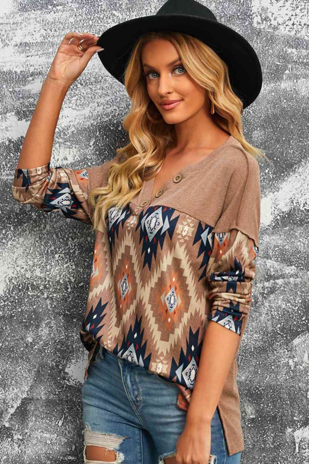 Brown Western Print Buttoned V Neck Top
Features: Basic style
Sheer: Opaque
Stretch: Slightly stretchy
Material composition: 95% polyester, 5% spandex
Care instructions: Machine wash cold. Tumble dry low.TopsDalilly Designs BoutiqueBrown Western Print Buttoned