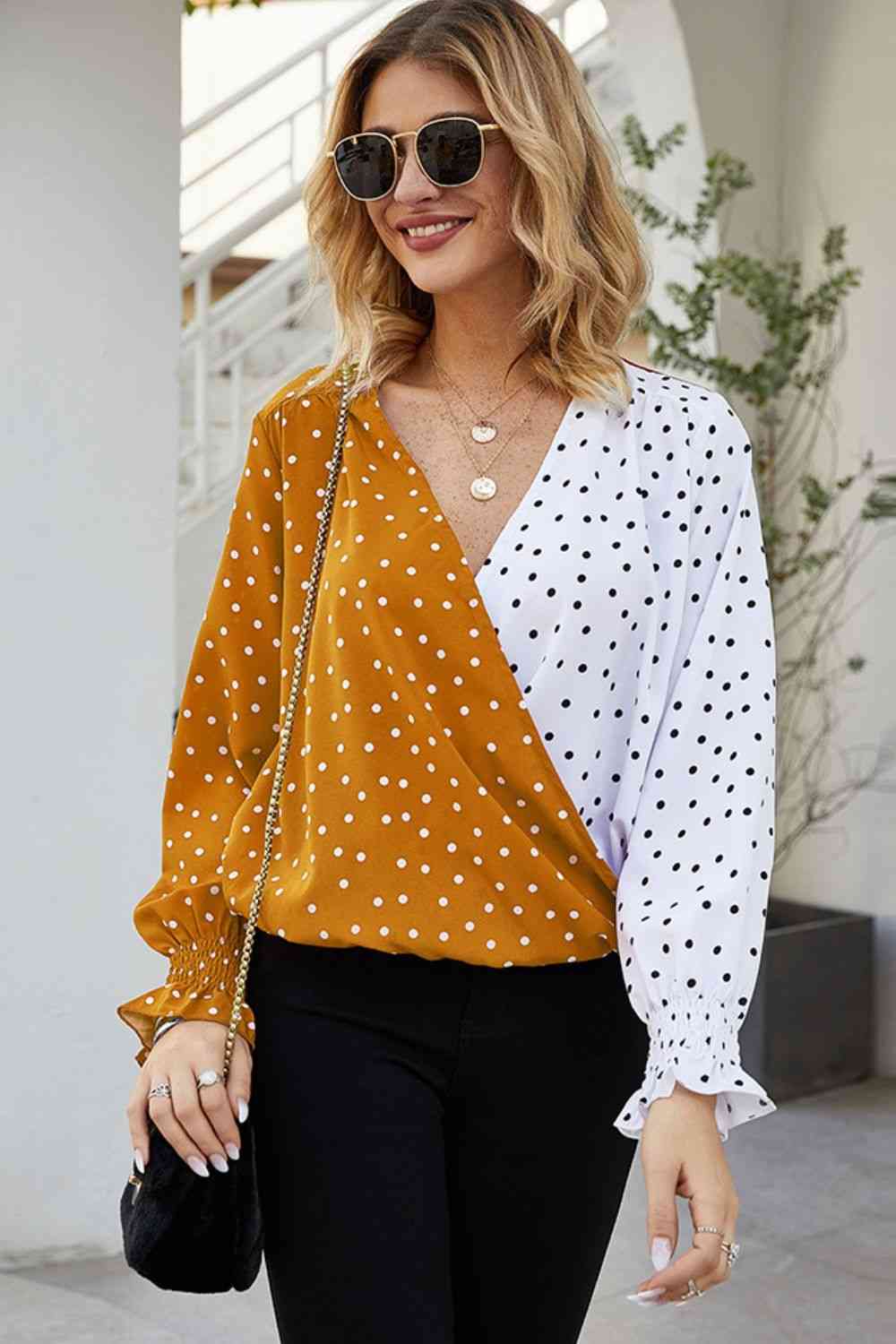 Polka Dot Surplice Neck Lantern Sleeve Blouse
Pattern type: Polka dot
Style: Casual
Features: Basic style
Neckline: Surplice
Length: Regular
Sleeve length: Long sleeves
Sleeve type: Lantern sleeves
Sheer: No
MaTopsDalilly Designs BoutiquePolka Dot Surplice Neck Lantern Sleeve Blouse