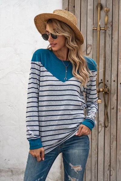 Striped Round Neck Long Sleeve T-Shirt
Features: Basic style
Sheer: Opaque
Stretch: Slightly stretchy
Material composition: 35% polyester, 65% cotton
Care instructions: Machine wash cold. Tumble dry low.TopsDalilly Designs BoutiqueStriped Round Neck Long Sleeve