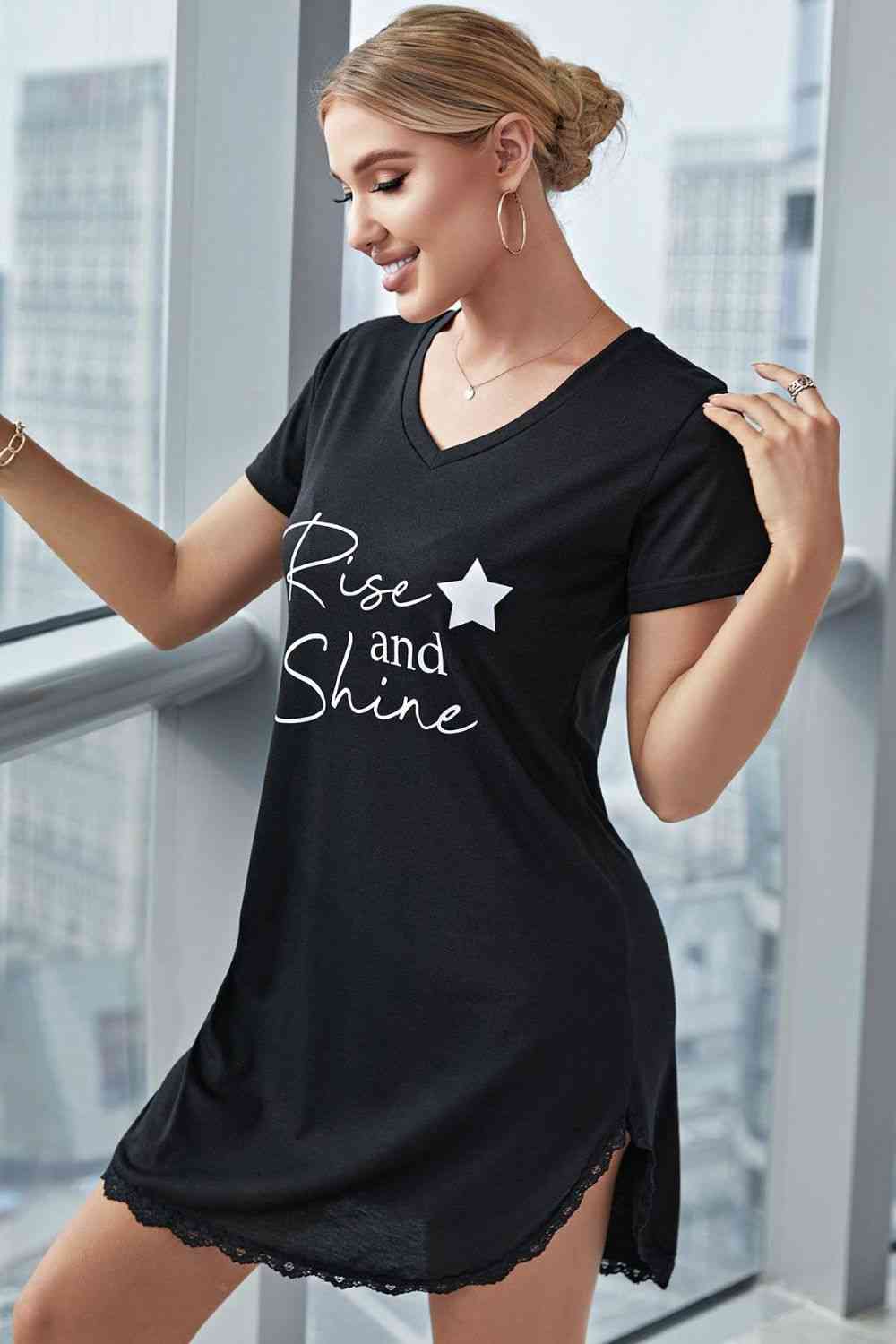 RISE AND SHINE Contrast Lace V-Neck T-Shirt Dress
Sizing category: Regular
Picture style: Studio
Pattern type: Graphic
Style: Modest, minimalist
Features: Lace
Neckline: V-neck
Sleeve Length: Short sleeves
MaterialLoungewearDalilly Designs BoutiqueSHINE Contrast Lace